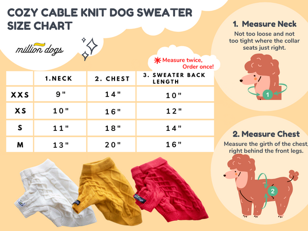 cozy cable knit dog sweater size chart from Million Dogs