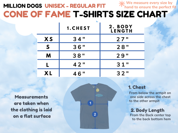 Unisex Million Dogs Black Graphic T-Shirts Size Chart