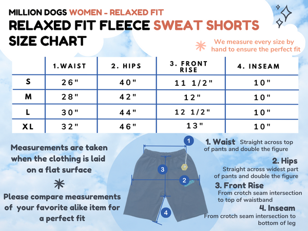Million Dogs Human Comfy Sweat Shorts size Chart