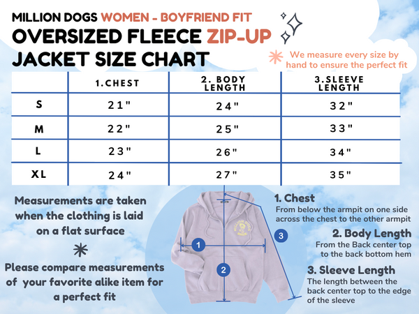 Million Dogs Oversized fleece Zip up Jacket Size chart