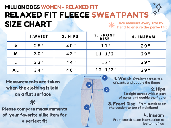 Million Dogs Women's Cozy Fleece Sweatpants Size Chart