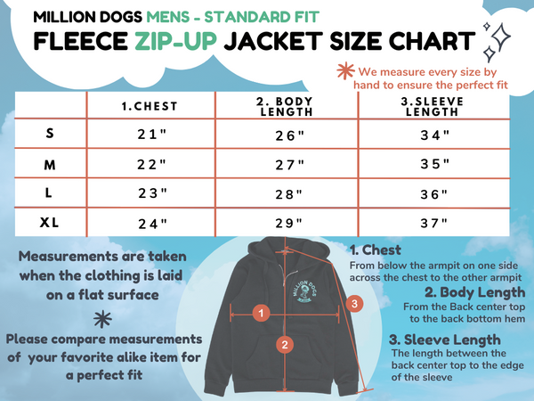 Million Dogs Men's Standard Fit Fleece Zip-Up Jacket Size Chart