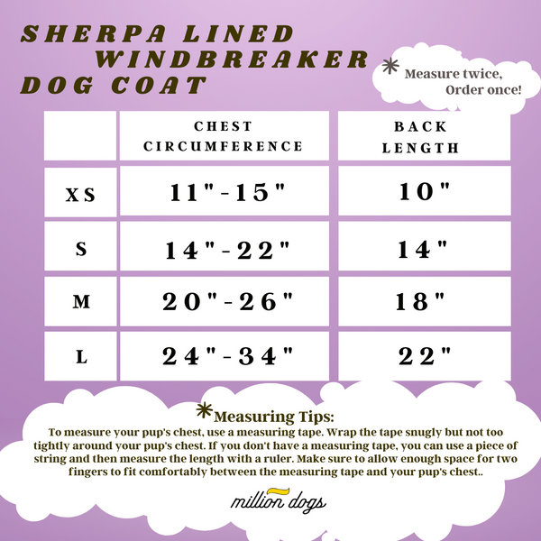 Size chart for sherpa lined waterproof dog coat by million dogs