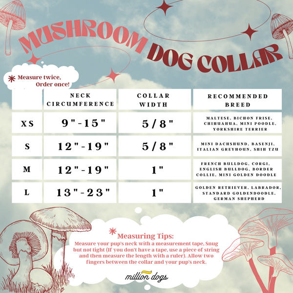 Pink Mushroom Dog collars Size chart