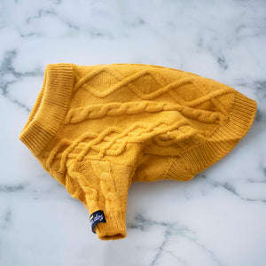 Mustard color cable knit sweater for small dogs or cats