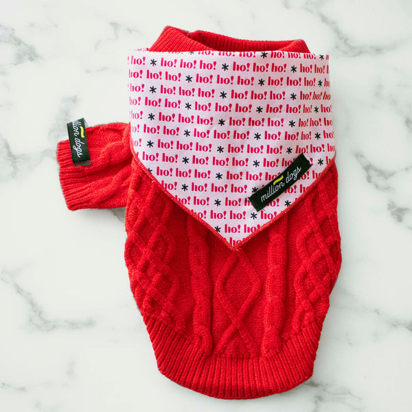 Christmas red cable knit sweater coordinated with Christmas hohoho dog bandana