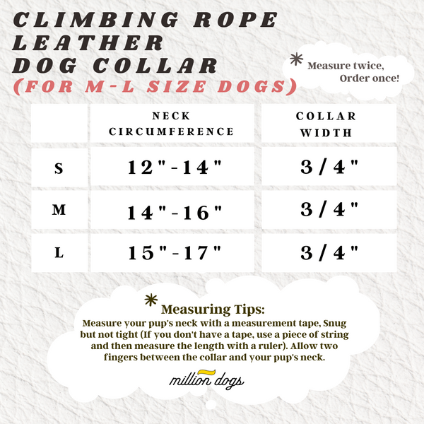 Climbing rope leather dog collar size chart by Million Dogs