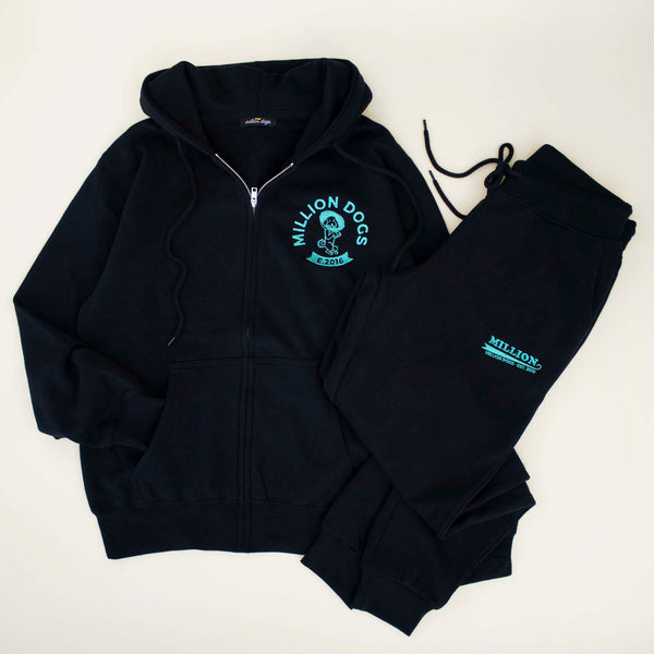 Million Dogs Women's Black Cozy Fleece Zip-up hoodie and Sweatpants set